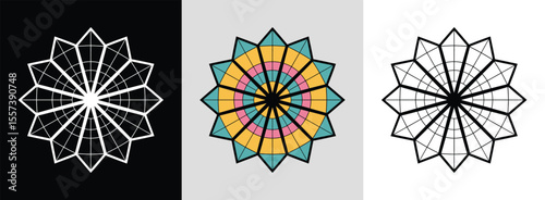 Star mandala with radiating segments and vibrant geometric fills for bold decor.