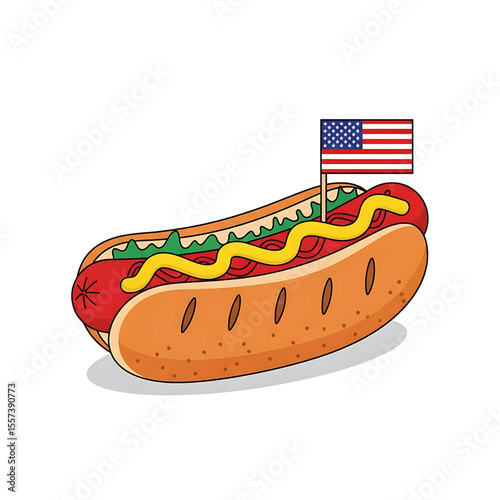 Patriotic Hot Dog Cartoon with American Flag