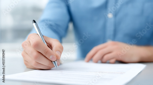 Man fills out workers compensation form. Sits at desk, carefully completes claim document. Fills in information. Claim involves injury at work. Process happens in office setting. Document in