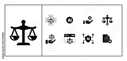 AI ethics icon set. Contains data privacy, guidelines, artificial intelligence, ethical dilemmas, bias detection, fairness, explainable AI. vector illustration
