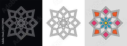 Symmetrical lattice mandala with diamonds and bright color contrasts for bold decor.
