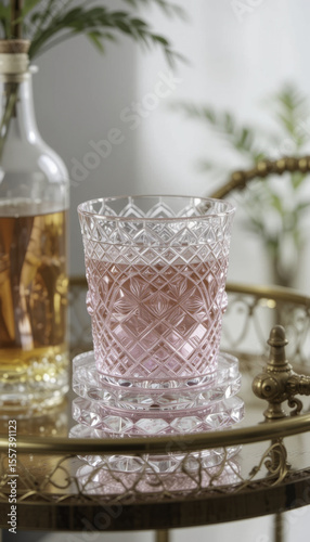 pink drink in decorative glass sits on glass coaster on vintage brass table, with bottle in background, creating elegant and sophisticated atmosphere