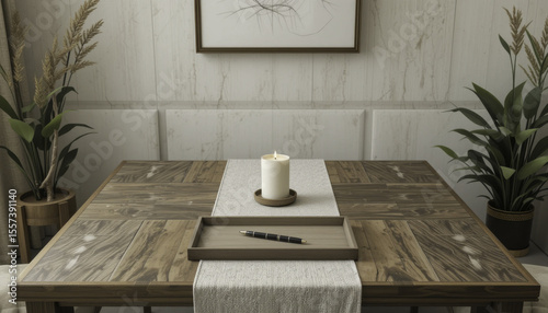 cozy dining table setting features lit candle on wooden tray, surrounded by potted plants and neutral wall art piece, creating warm and inviting atmosphere