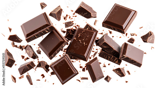 a dynamic arrangement of chocolate pieces some intact and others shattered illustrating the texture and richness of chocolate it evokes a sense of indulgence