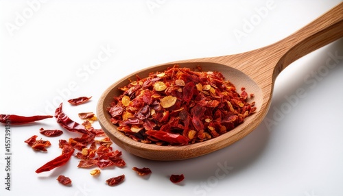 dried chili flakes rest on a wooden spoon against a clean white background with copy space on the left side selective focus highlights the vibrant red color and textured surface symbolizing spice an