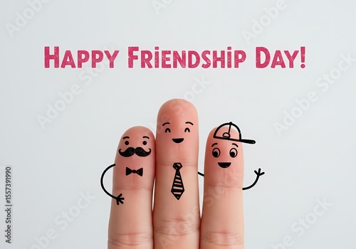 Three fingers decorated as friends with happy friendship day text on a white background above them