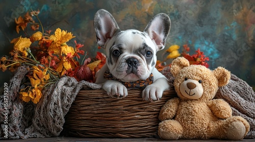 A french bulldog puppy with a teddy bear, nestled in a fall-themed basket.