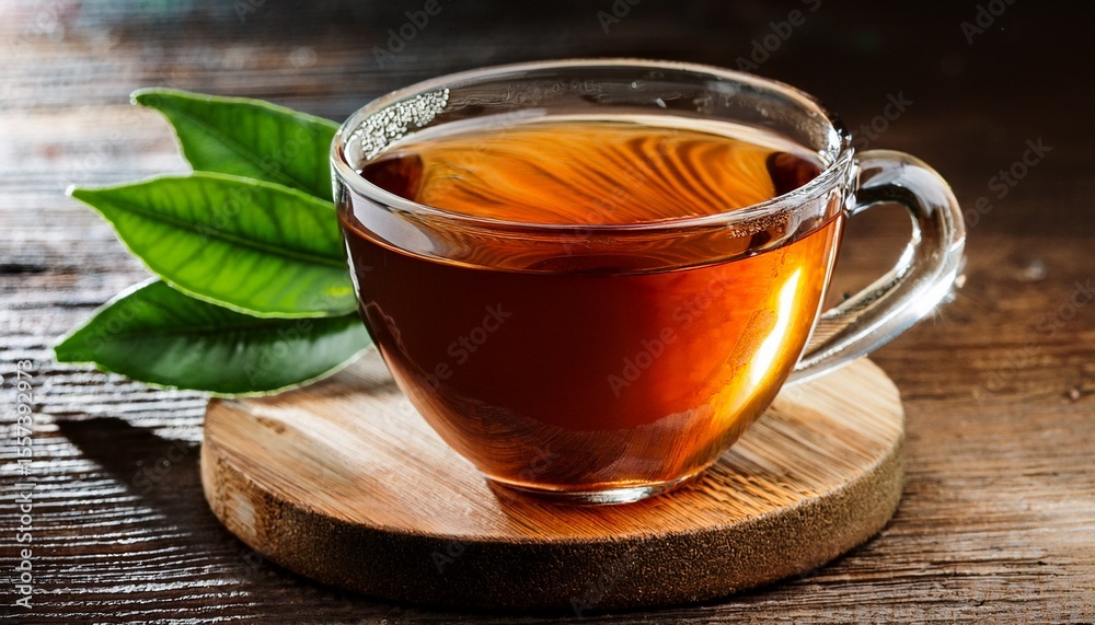 aromatic black tea in a rustic cup with fresh leaves on wooden background aromatic black tea in a rustic cup with fresh leaves on wooden background