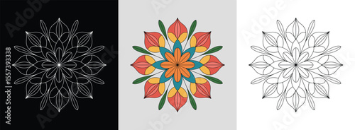 Bold floral mandala with star shapes and bright geometric lines for striking decor.