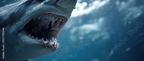 Great white shark with open mouth showing sharp teeth underwater Concept of danger, predator, and marine wildlife in deep blue ocean