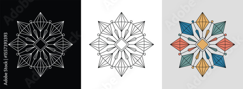 Bold geometric mandala with simple lines and diamond shapes for sleek modern decor.