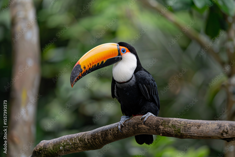 Naklejka premium A vibrant toucan perched on a branch, showcasing its striking orange and black plumage amidst lush greenery.