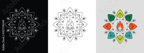 Camping night mandala with tents, stars, and bright forest green hues for outdoor decor.