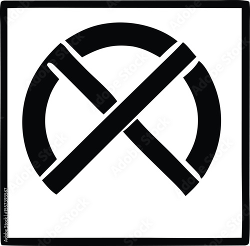 A black and white abstract symbol featuring a segmented circle intersected by two diagonal bars within a square border