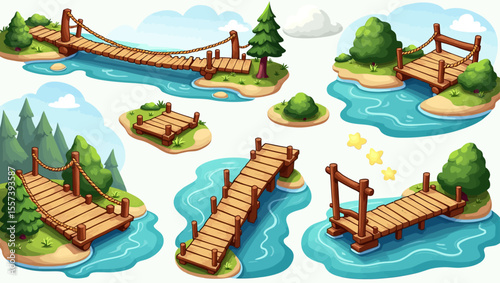 A  playful vector pack of wooden bridges over rivers and islands, great for kids’ maps, adventure games, or nature scenes.