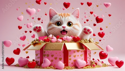 Kitten in Love: A charming illustration depicts an adorable kitten emerging from a decorated gift box filled with floating hearts, expressing a feeling of love and celebration.