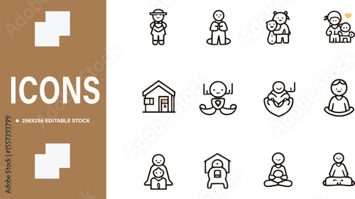 Collection of Simple Line Art Icons Representing People Family Home and Well being
