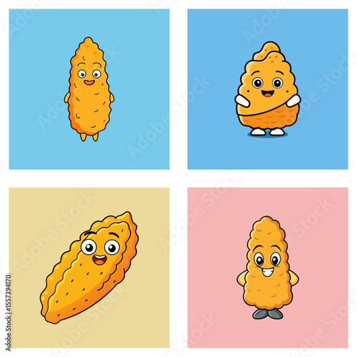 Four cartoon chicken nuggets with different backgrounds and poses in a square arrangement