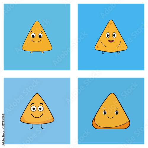 Collection of four cartoon nachos with different facial expressions on a blue background in a grid layout