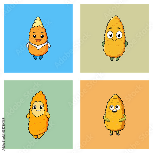 Four cartoon corn characters with varied expressions and backgrounds in a grid arrangement image
