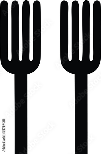 Two simple black silhouette forks with rounded tines stand vertically against a clean white background creating a minimalist graphic