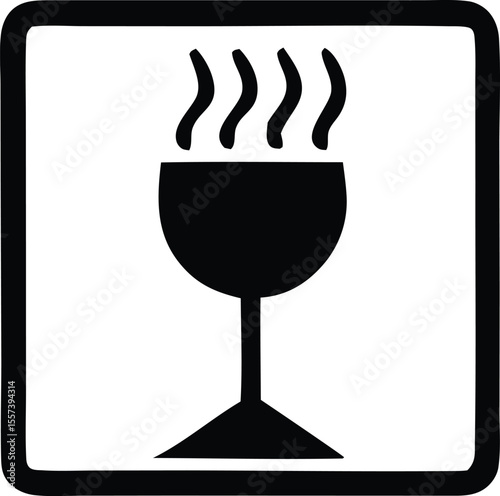 A black and white icon depicting a wine glass with steam rising indicating a hot beverage or temperature sensitivity