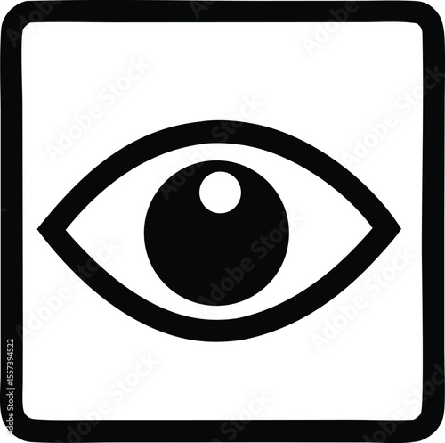 A stark black and white graphic icon featuring a stylized eye symbol enclosed within a rounded square border representing vision or observation