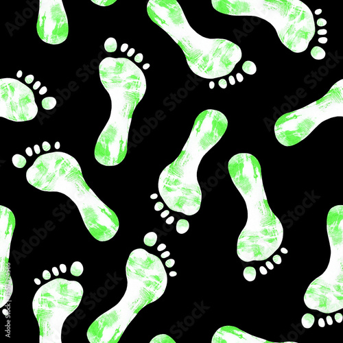 A high-contrast pattern of red footprints on a black background, conveying a bold and edgy artistic design.