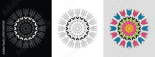 Dynamic arrow mandala with layered segments and bold color fills for striking decor.