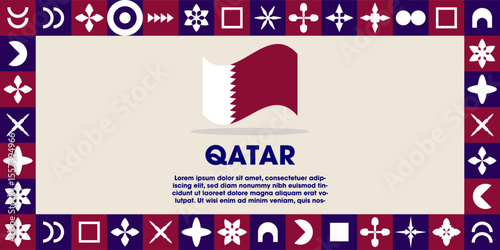 Qatar Flag Design banner with cultural design. Independence day design for Qatar celebration. Modern neo geometric retro design with flag, showcasing national pride and heritage.
