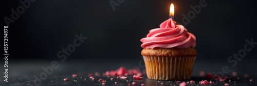 Single cupcake with lit candle, dark background, single, background