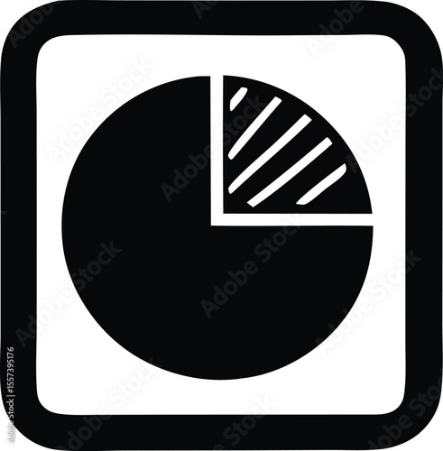 A simple bold black and white icon depicting a pie chart with one segment shaded with diagonal lines enclosed in a rounded square