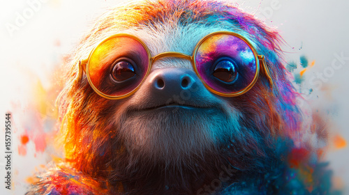 Adorable sloth wearing colorful round sunglasses with vibrant paint splashes, cheerful and artistic animal portrait full of fun energy.
