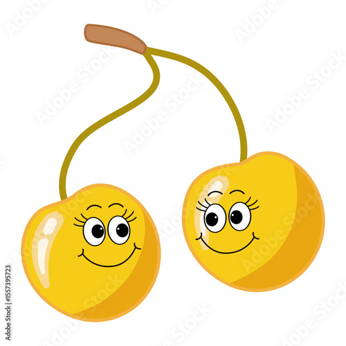 Cute character red strawberry with outline on white background. Fruit. Vector illustration for children's entertainment, book, print.