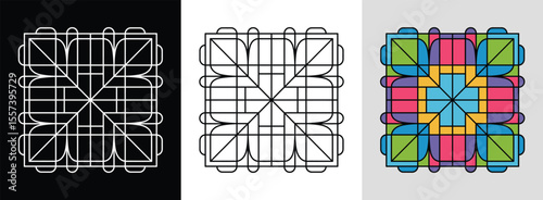 Grid mesh mandala with layered squares and bright geometric accents for modern decor.