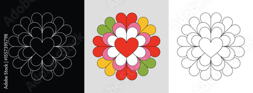 Heart mandala with symmetrical lines and bright, loving cheerful hues for romantic decor.