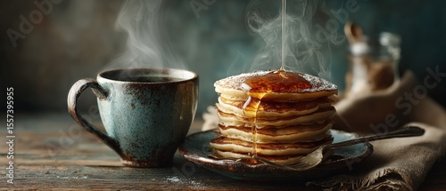 Wallpaper Mural Stack of fluffy pancakes with maple syrup and powdered sugar served with hot coffee on rustic wooden table for delicious breakfast Torontodigital.ca