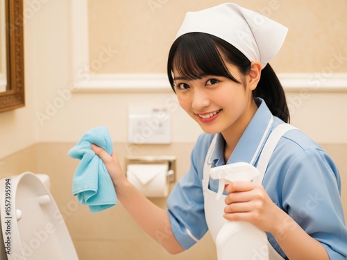 ホテルのトイレを清掃する日本人女性スタッフ