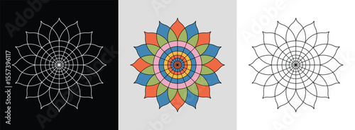 Lotus grid spiral mandala with layered lines and vibrant hues for serene decorative art.