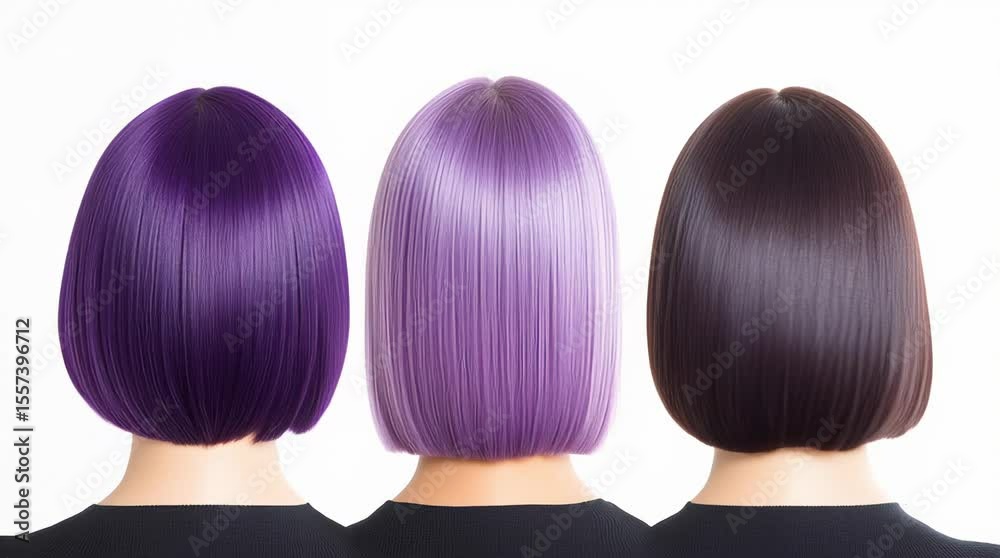 Three mannequin heads with short, straight hair in shades of purple and brown are positioned side by side. Hair color variety, fashion, style