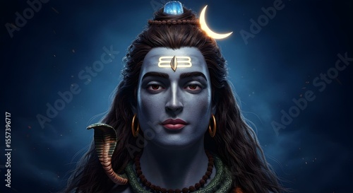 Captivating Portrait of Lord Shiva: A Digital Rendering of Hindu Divinity, Mystical Depiction of Shiva with Crescent Moon and Cobra, Evoking Spiritual Power