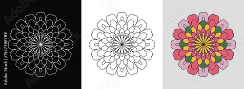 Mandala with intricate zinnia petals and dynamic color fills for vibrant floral decor.