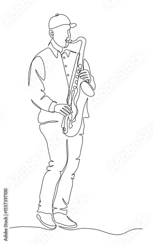 Man playing saxophone brass instrument. Continuous line drawing. Black and white vector illustration in line art style.