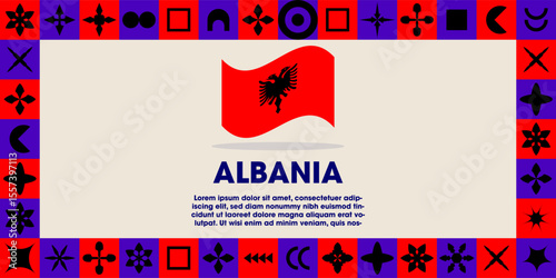 Albania Flag Design banner with cultural design. Independence day design for Albania celebration. Modern neo geometric retro design with flag, showcasing national pride and heritage.