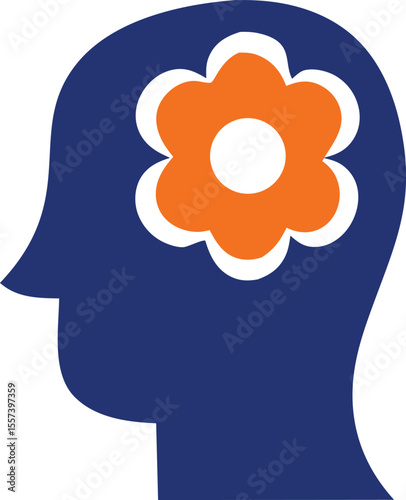 Stylized silhouette of a human head with an orange flower symbolizing creativity and growth within the mind