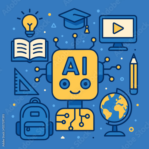 Creative Flat Style Artificial Intelligence Robot Character with School Supplies Icon