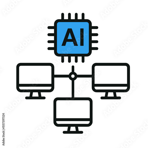 Outline Minimalist AI Network Connection with Computer Devices Icon Illustration
