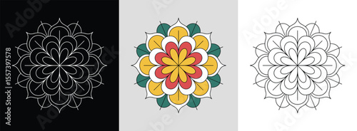 Mandala with symmetrical gardenia petals and dynamic bright fills for vibrant floral decor.