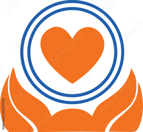 Abstract orange heart symbol embraced by blue concentric circles and stylized orange leaf shapes representing care and protection