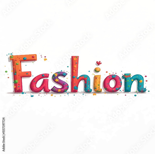Vector graphic of the text "Fashion" in a hand-drawn, whimsical style, bright primary colors, playful elements, white background, twilight light, with a neon glow effect framing the text